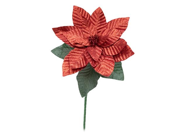 33.5" GLITTER POINSETTIA WITH LEAVES STEM (RED)